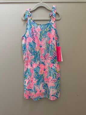 NWT Girls Lilly Pulitzer Girls Pink Blue Tropical Floral Tie-Shoulder Dress Sz L